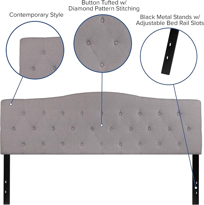 EMMA + OLIVER Light Gray King Button Tufted Headboard | Adjustable Bed Rail Slots, Fabric Upholstered