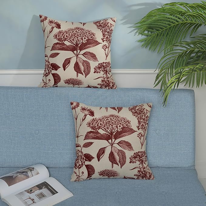 Burgundy Red Pillow Covers 20x20 Inch 2 Pcs Boho Vintage Floral Decor Throw Pillows Hydrangea Flower Seasonal Outdoor Farmhouse Neutral Accent Decoration Pillowcase Linen Cushion Cover for Sofa
