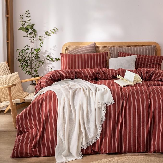 BESTOUCH Striped Cotton Duvet Cover Set Linen Feel Queen | 100% Washed Cotton, Soft Wrinkle Texture, Hidden Zipper, 8 Ties, Breathable Lightweight Durable Comfy, 3 Pcs No Insert