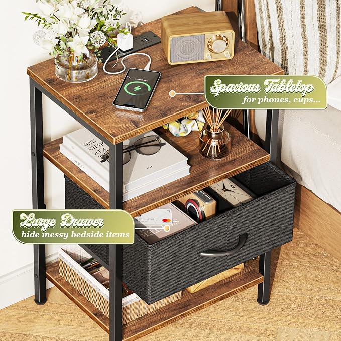 SUPERJARE Nightstand with Charging Station, Bed Side Table with Adjustable Fabric Drawer, Night Stand for Bedroom, 3-Tier Storage End Table, for Living Room, Rustic Brown and Black | Night Stand for Bedroom, with Adjustable Fabric Drawer, 3-Tier Storag...