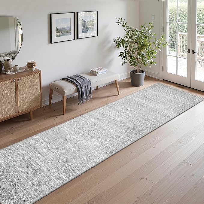 2x12 Runner Rug Non Slip, Washable Rug Runners for Hallways, Grey | Soft Low Pile, Thin & Lighweight Carpet, Folable Stain Resistant Modern Indoor 12ft Floor Mat for Living Room,Bedroom,Kitchen