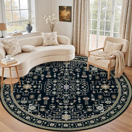 Round Area Rug for Living Room: 8ft Washable Rug for Bedroom Black | Vintage Boho Soft Round Rug Indoor Floor No Slip Carpet Stain Resistant Rugs for Bedroom Dining Room Nursery Home Office