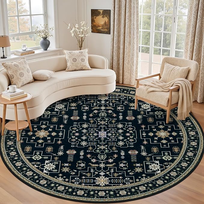 Round Area Rug for Living Room: 4ft Washable Rug for Bedroom Black | Vintage Boho Soft Round Rug Indoor Floor No Slip Carpet Stain Resistant Rugs for Bedroom Dining Room Nursery Home Office