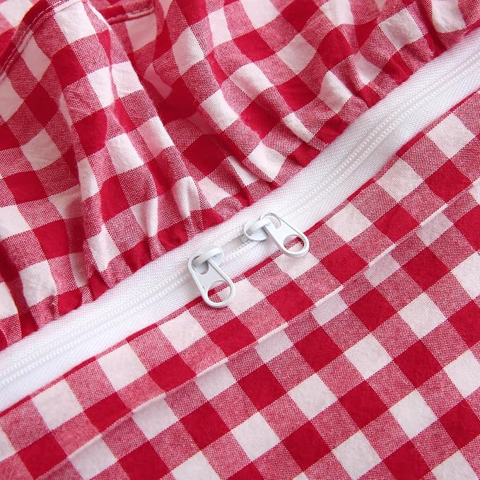 Silnuo Red/White Gingham Plaid Ruffle 3-Piece Duvet Cover Set Queen Size | 100% Washed Cotton Shabby Checkered Bedding Set Farmhouse Comforter Cover Set(Queen,Red)
