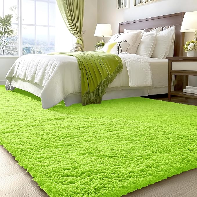 OLANLY Area Rugs for Living Room Bedroom, Machine Washable 4x5.9 ft Soft Fluffy Shaggy Bedside Rug, Indoor Floor Carpet for Kids Girls and Boys, Dorms, Nursery Rooms, Home Decor Aesthetic, Lime Green