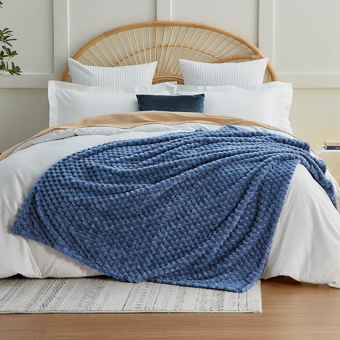 EXQ Home Soft Fleece Blanket Full Size – Cozy Lightweight 3D Imitation Turtle Shell Jacquard Blanket for Couch Bed – All-Season Warm Fuzzy Flannel Blanket for Women Mom Her Gifts(84"x90",Dark Blue)