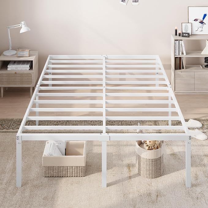 Allewie Queen Bed Frame, 18 Inch Metal Beds with Storage Space, White | Heavy-Duty Metal Platform Beds, Large Under-Bed Storage Space, No Box Spring Needed, Easy Assembly