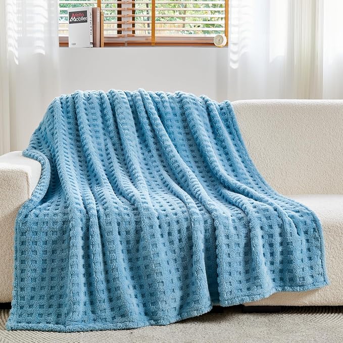 NEWCOSPLAY 3D Waffle Checkered Flannel Twin Blanket, Blue, 60"x80" | Super Soft Cute Lightweight Decorative Premium Silky Fleece Blanket for Couch Sofa Bed, Gift for Women Men, All Season Use