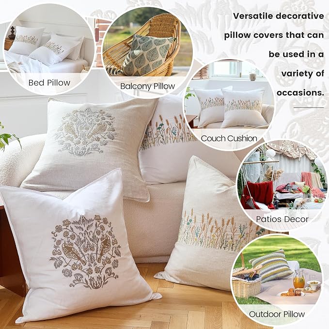 Simple&Opulence 100% Linen Euro Shams 26'' x 26'' Pack of 2, Embroidery Wheat Design Natural Flax Farmhouse Decorative Square Throw Pillow Covers for Bed Couch Sofa - White