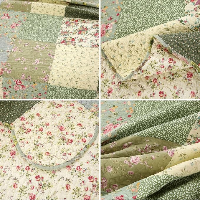 vctops Boho Patchwork Cotton Quilted Bedspread Quilt Set King Size 3 Pieces Soft Reversible Lightweight Coverlet Set Floral Print 1 Quilt and 2 Pillow Shams (Green D,King)