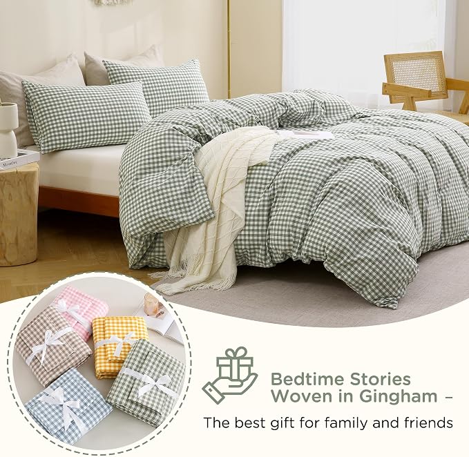 TOCOMOA Green Gingham Duvet Cover Set Washed Cotton Like Linen, King | 100% Washed Cotton Linen-Like Feel Soft, Breathable & Comfy. Lightweight Bedding Set with Zipper & 8 Ties. 3 Pcs, No Insert