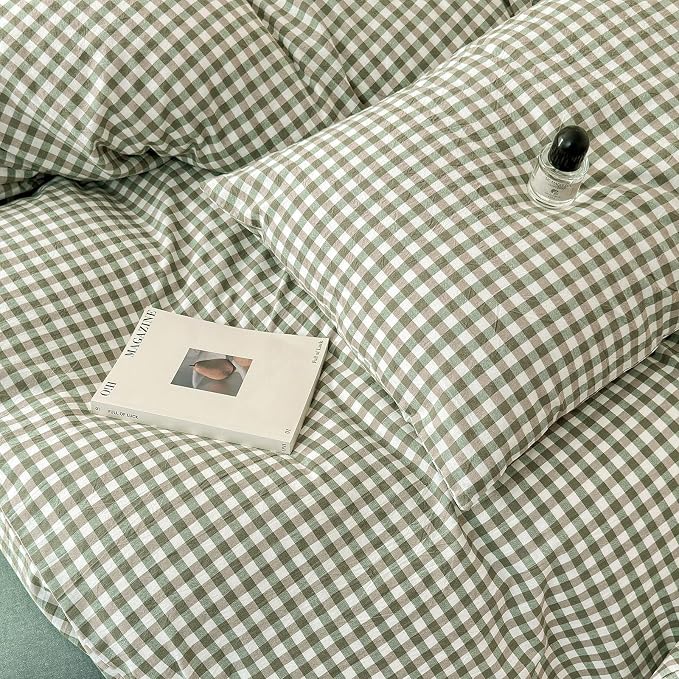 LifeTB Queen Comforter Set Green Gingham Comforter Modern Style Checkered Pattern Comforter Set Boho Grid Plaid Bedding Comforter Lightweight Fluffy Soft Grid Bedding Set Queen Size Breathable