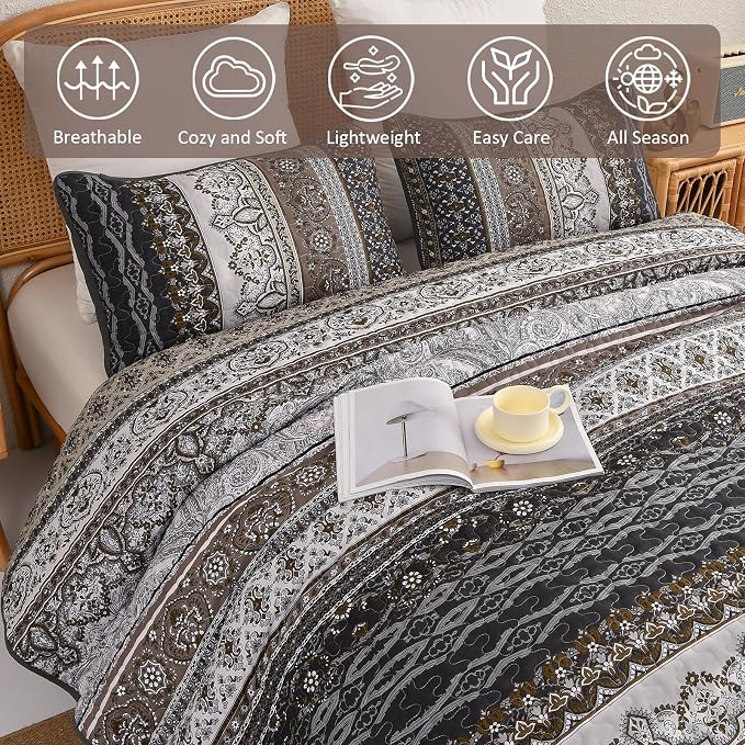 WONGS BEDDING Boho Quilt King Size,3 Pcs Bedspread Set, Brown | Colorful Bohemian Striped Printed Bedding for All Season, Lightweight Microfiber Coverlet Set with 2 Pillowcases(104"x90")