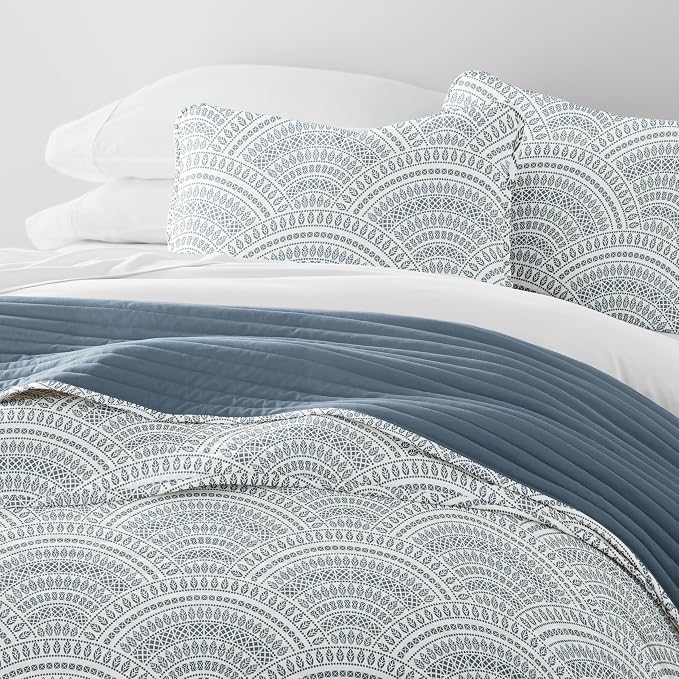 Merit Linens Soft Quilt Coverlet Bedding Set - Pattern/Solid Reversible - Full/Queen Dusk Blue