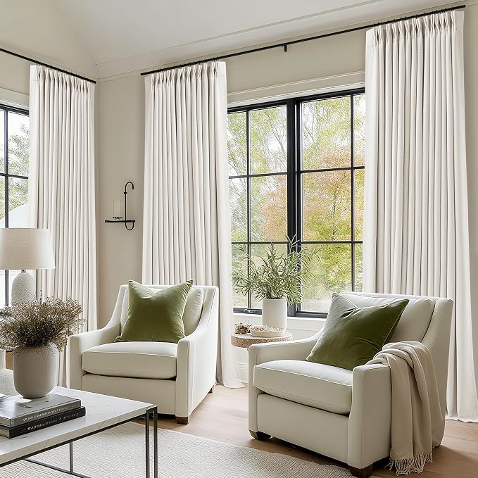 112 Inch Pinch Pleated Blackout Linen Curtains for Bedroom Ivory White | Memory Trained, 100% Black Out, Soundproof Room Darkening, Cream White Window Curtains Double Layer, Pinch Pleat Drapes