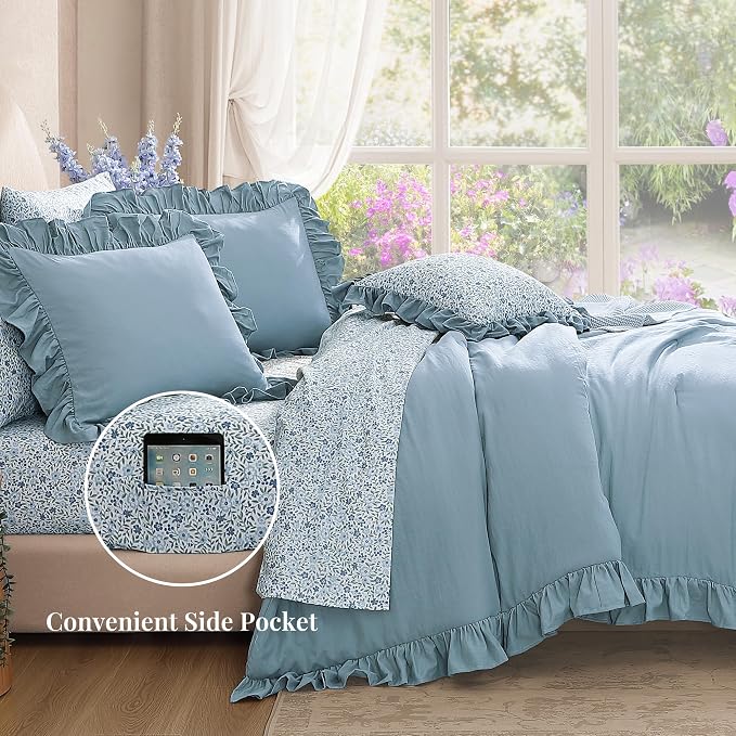 King Size Comforter Set-7 Pieces Ruffle Bedding Floral Sheet | Blue Bed in a Bag, Soft Lightweight All Season Farmhouse King Size Bedding Sets with Floral Sheets, Pillowcases & Shams