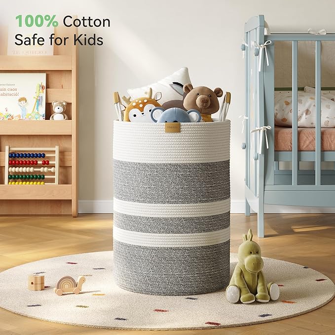 Nunsino 95L Striped Laundry Hamper with Leather Handles,Large Foldable Laundry Basket for Clothes,Cotton Rope Storage Bin for Blankets,Woven Clothes Basket for Bedroom,Gray Stripes