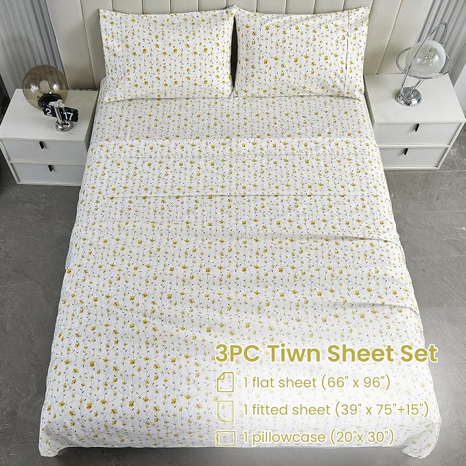 Softan Yellow Floral Twin Size Sheet Set, 3-Piece Microfiber Fitted Bed Sheet with 15" Deep Pockets & Non-Slip Straps, Kids Girls Flower Patterned Bed Sheet & Pillowcase Set