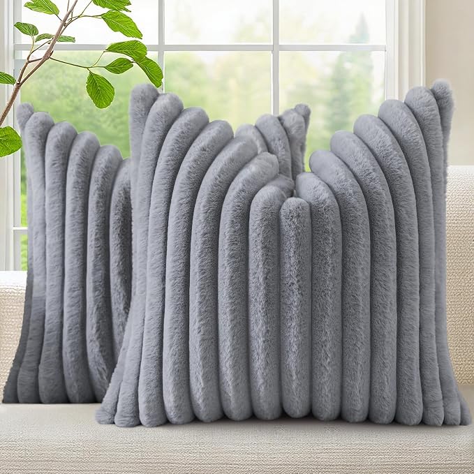 decorUhome Fall Faux Fur Throw Pillow Covers 22x22 Set of 2 Grey | Decorative Soft Cozy Striped Plush Modern Farmhouse Boho Couch Pillow Cases Velvet Back for Sofa Bed Living Room Home Decor