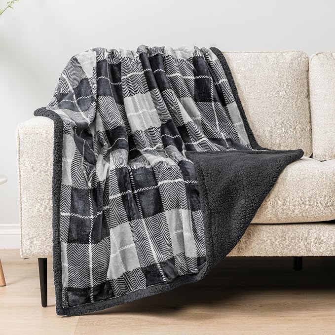 PAVILIA Plaid Sherpa Throw Blanket for Couch Sofa Bed, Dark Grey, 50x60 | GSM 460; Soft Plush Flannel Fleece; Warm&Cozy for Home; Machine Washable, Perfect Cabin Decor Winter Holiday Christmas Gift