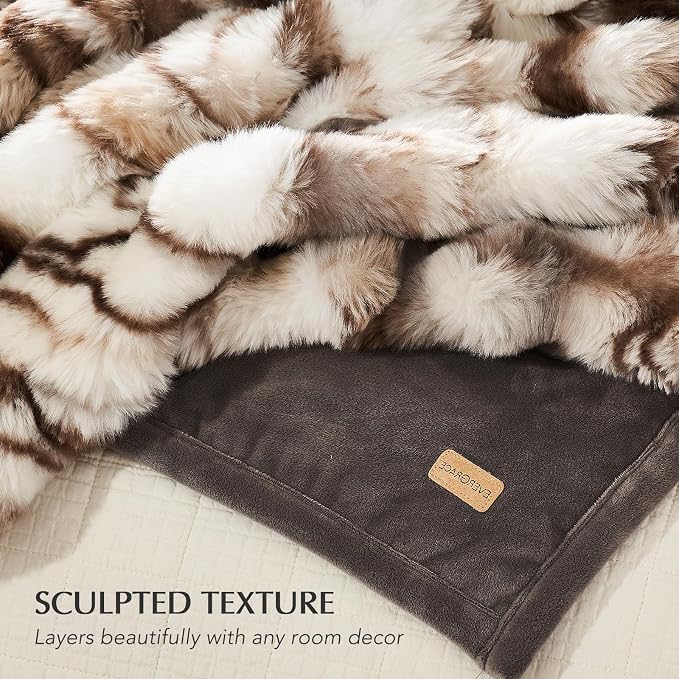 EverGrace Faux Rabbit Fur Bubble Throw Blanket, 60"x80", Beige & Gray | Ultra Soft, Luxury Faux Rabbit Fur Throw, Thick Warm Bubble Blanket, Cozy Fluffy Reversible, for Bed, Couch, Chair, Sofa