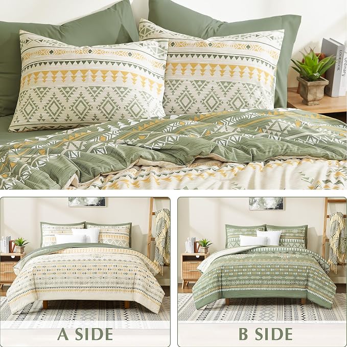 Queen Comforter Set - 7 Pieces Western Bedding Set Reversible Bed in A Bag | Boho Bedding, All Season Aztec Bed Set with Comforter, Sheets, Pillowcases & Shams, Olive Green