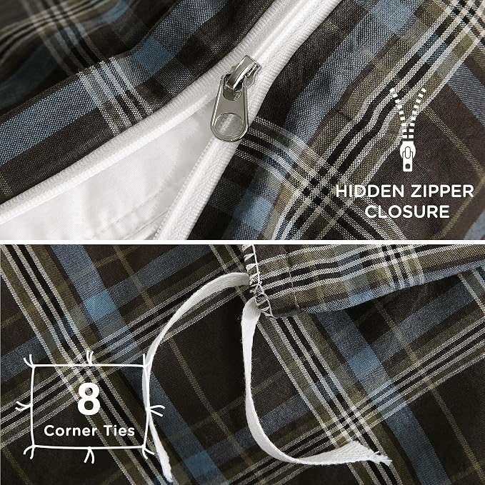 TOCOMOA Buffalo Plaid Duvet Cover Set 100% Washed Cotton Like Linen, Queen | Linen-Like Feel Soft, Breathable & Comfy for All Season. Brown Blue Bedding Set with Zipper & 8 Ties. 3 Pcs, No Insert