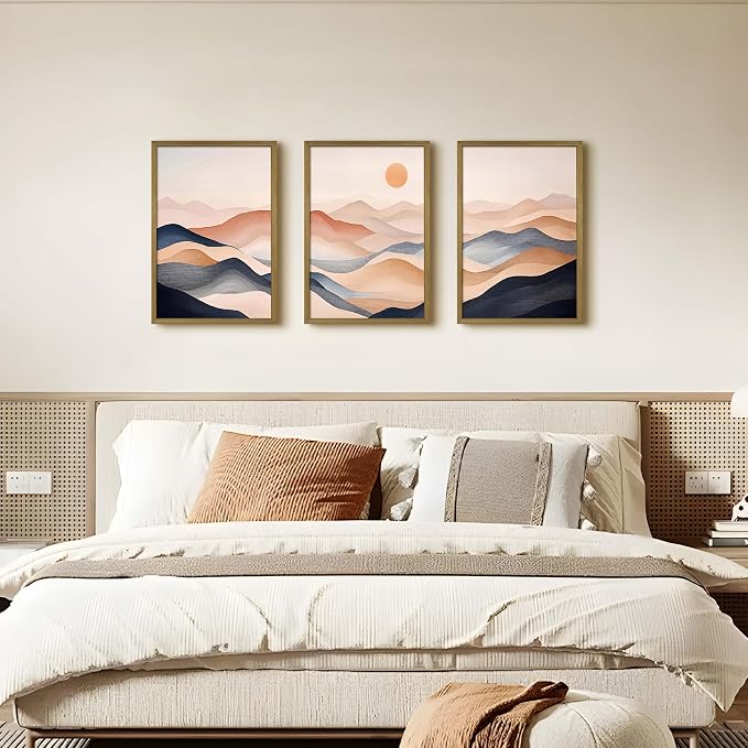 Vintage Abstract Mountain Wall Art Set of 3 Canvas, Neutral Desert Landscape Framed Poster, Retro Boho Painting for Farmhouse Home Decor, Sunrise Nature Print Picture Living Room Bedroom 16x24 Inch