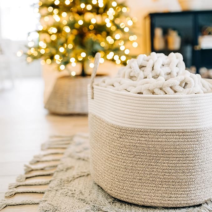OrganiHaus Round Toy Basket & Blanket Basket, Cotton Rope 20x13" | Brown / Off-White - Round Cotton Rope Basket, 20x13"