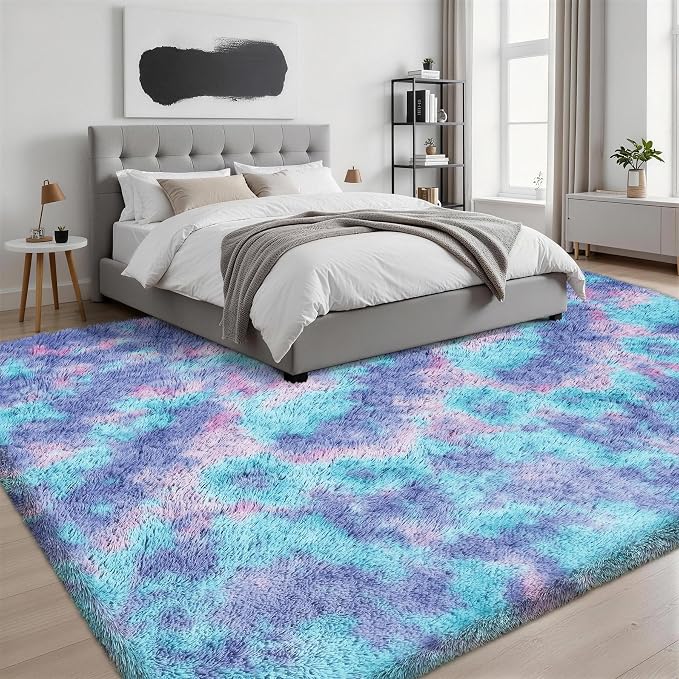9x12 Area Rug Living Room Bedroom: Fluffy Plush Shag Carpet Rainbow