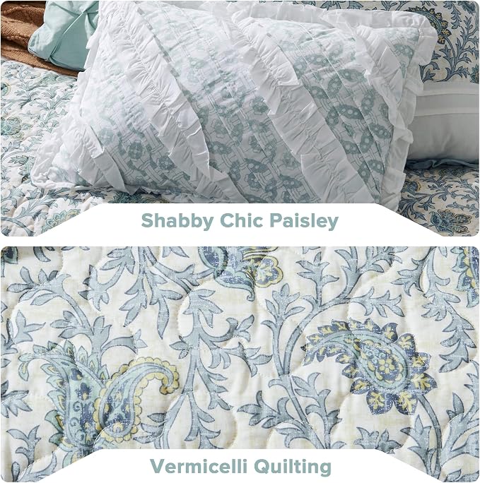 Madison Park Shabby Chic Cotton Quilt Set, 6PC King/Cal King Coverlet | Double-Sided Stitching Floral Design, All Season, with Shams, Bed Skirt, Decorative Pillows, Lightweight, Aqua