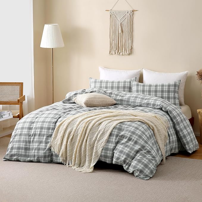 TOCOMOA Plaid Duvet Cover Set 100% Washed Cotton Like Linen, King | Linen-Like Feel Soft, Breathable & Comfy for All Season. Grey and Green Bedding Set with Zipper & 8 Ties. 3 Pcs, No Insert