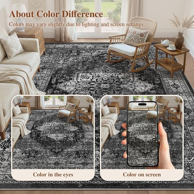 UERMEI 8x10 Area Rug Living Room Rugs - Washable Vintage Soft Large Rug Indoor Floor No Slip Rug Carpet for Bedroom Farmhouse Under Dining Table Home Office Decor - Black