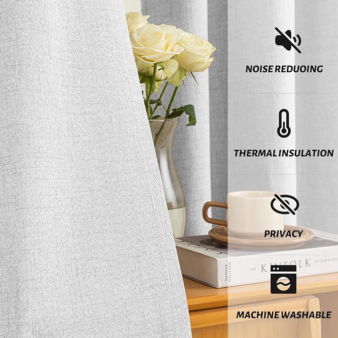 Yakamok White Linen Textured Curtains 63 Inches Long for Living Room | 100% Blackout Curtains,Room Darkening Curtains,Thermal Grommet Bedroom Curtain 2 Panels with Greyish White Liner,52W x 63L