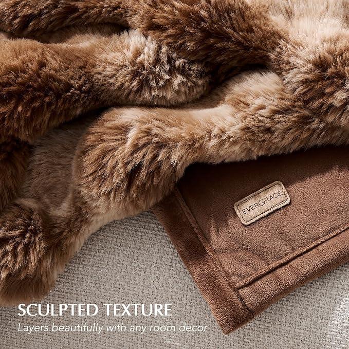 EverGrace Faux Rabbit Fur Bubble Throw Blanket, 60"x80", Lion Caramel | Ultra Soft, Luxury Faux Rabbit Fur Throw, Thick Warm Bubble Blanket, Cozy Fluffy Reversible, for Bed, Couch, Chair, Sofa