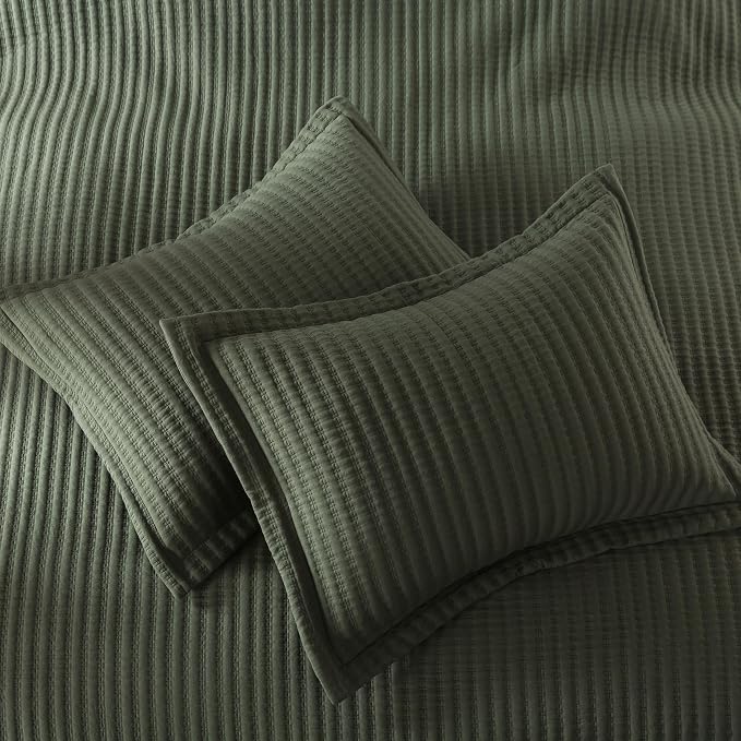 WDCOZY Olive Green Twin Size Quilt Set, Striped Pick Stitch Bedspread | Lightweight Soft Channel Coverlet, Spring Summer Thin Comforter, Farmhouse Rustic Country Bedding