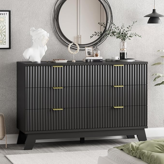 Xixini Fluted Dresser for Bedroom with 6 Drawers, 48" Wide Wooden Chest of Drawers with Metal Handle, Modern Dresser TV Stand, Wood Closet Clothes Storage Organizer for Living Room, Hallway, Black