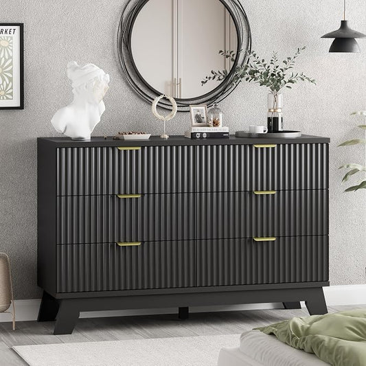 Xixini Fluted Dresser for Bedroom with 6 Drawers, 48" Wide Wooden Chest of Drawers with Metal Handle, Modern Dresser TV Stand, Wood Closet Clothes Storage Organizer for Living Room, Hallway, Black