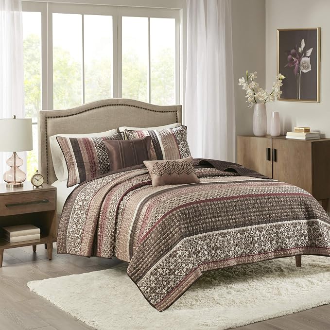 Madison Park Quilt Set Luxurious Jacquard Stripes Design - All Season, Coverlet Bedspread Lightweight Bedding Layer, Shams, Decorative Pillow, King/Cal King(104"x94"), Floral Red 5 Piece | All Season, Luxurious Coverlet Bedspread Lightweight Bedding La...