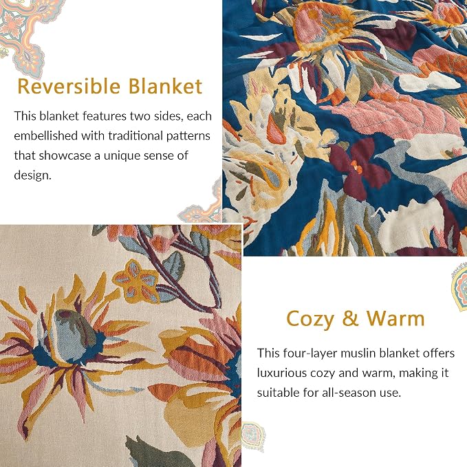 Boho Throw Blanket for Couch Sofa Bed, 100% Cotton Woven Quilt with Tassel 50”x60”, Super Soft Muslin Blanket with Floral Printed, Decorative Reversible Bed Blanket/Cover for All Seasons
