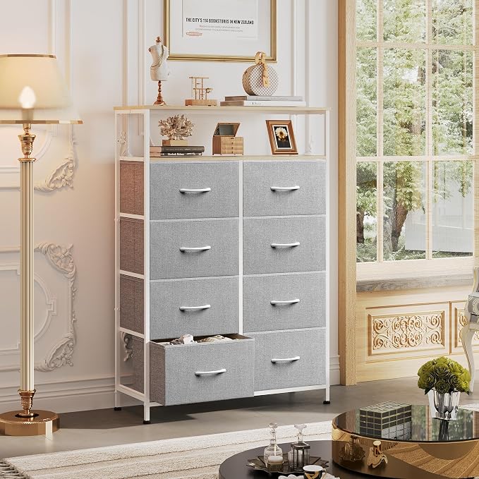 WLIVE 8 Drawer Fabric Dresser Open Shelves, Tall Bedroom Chest, Light Grey | Light Grey 8 fabric drawers plus open shelves, steel frame with wood top, great for bedroom closet entryway and dorm storage
