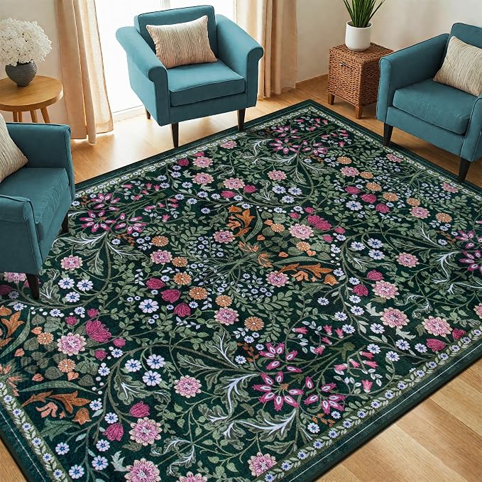 PLHXFR Area Rug Living Room: 4x6 Floral Washable Boho Carpet Dark Green | For Bedroom Dining Room Farmhouse Nursery Hallway,Vintage Floral,Machine washable,Non Slip,Stain Resistant,Large Indoor