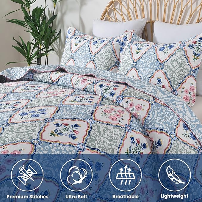 Quilt Set Queen Size, Bedspread Sets Elegant Floral, Reversible Quilt Bedding Set Lightweight and Breathable for All Seasons, Soft Quilted Bedspread with 2 Pillow Shams