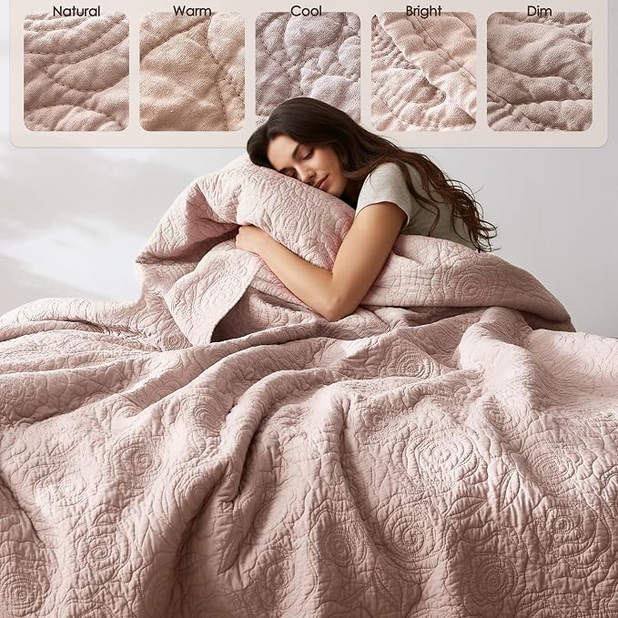 WDCOZY 100% Cotton Cal King Quilt Bedding Sets Floral Rosette Pink | Pre-Washed Thin Farmhouse Bedspread, 118"x106" Comforter + 2 Sham 20"x36", Lightweight Coverlet, All-Season, Machine Washable