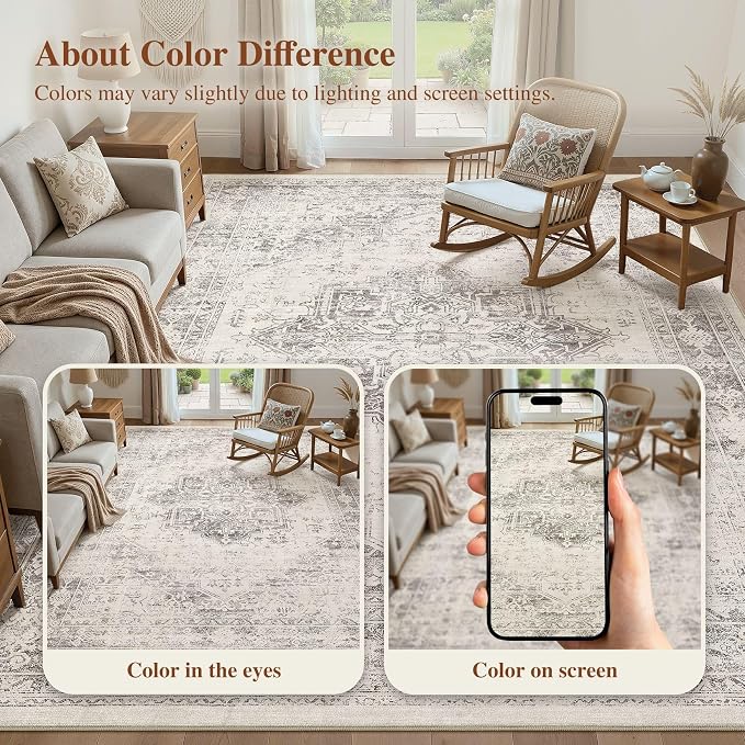 UERMEI 9x12 Area Rug Living Room Rugs - Washable Vintage Soft Large Rug Indoor Floor No Slip Rug Carpet for Bedroom Farmhouse Under Dining Table Home Office Decor - Beige/Camel