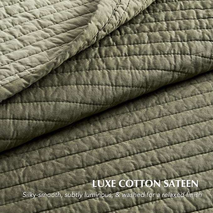 EVERGRACEHOME Cotton Sateen Quilt Set, Oversized Cal King, Olive Green | 100% Cotton, Channel Stitch Coverlet Bedspread, Pre-Washed Lightweight Soft Bedding Set for All Season, 3 Piece, with 2 Shams