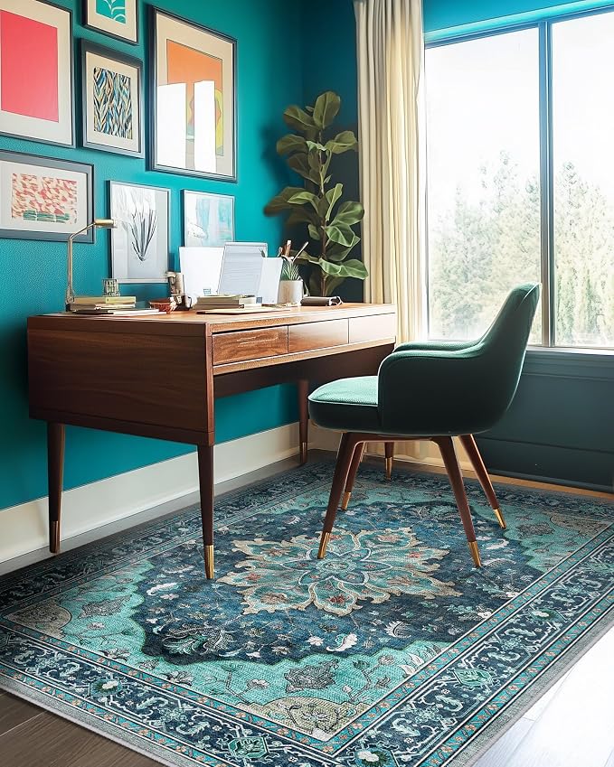 RELEANY Washable Area Rug, 5'x8', Teal | Non-Slip, Water Repellent, Pet Friendly, Easy to Clean, Vintage Floral Boho Decor for Living Room Bedroom Dining Room Office