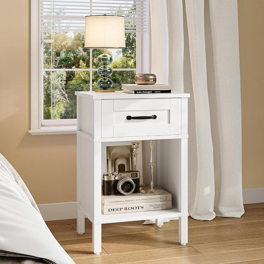 White Farmhouse Nightstand with Drawer, Small Wooden Bedside Table, White Marden End Table, Bedroom Side Table with Storage, Wooden Night Stand LET512WW