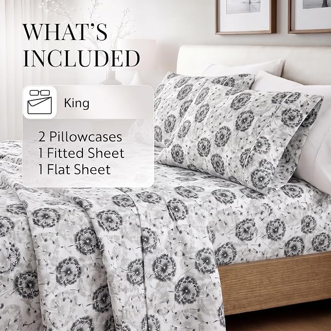 Linen Market 4 Piece King Sheet Set - Breathable, Double-Brushed Patterned Cooling Sheets – Oeko-TEX Certified Ultra Soft & Wrinkle-Free 16" Deep-Pocket King Sheets - Easy Care Make a Wish Light Gray