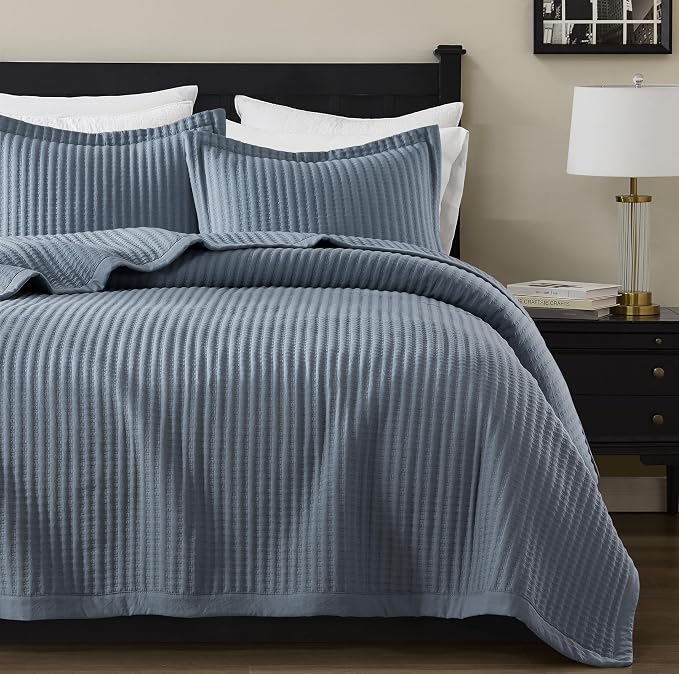 WDCOZY Dusty Blue Queen Size Quilt Set, Striped Pick Stitch Bedspread | Lightweight Soft Channel Coverlet, Spring Summer Thin Comforter, Farmhouse Rustic Country Bedding
